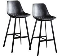 Set di 2 sgabelli da bar in metallo grigio con schienale e poggiapiedi imbottiti in pelle sintetica a scacchi, 75 cm, altezza bancone per cucina e sala da pranzo