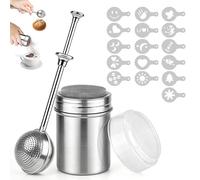 Set di 2 shaker per cioccolato, per spolverare lattine di caffè, spruzzini di caffè, in acciaio inox, con shaker per zucchero e farina, setaccio primaverile con 16 stencil per caffè, per cottura al