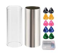 Set di 2 slide per chitarra, include 1 in acciaio inox, 1 pezzo di vetro, 10 plettri per chitarra, multicolore, con una scatola per chitarra