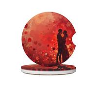 Set di 2 sottobicchieri in ceramica Pure Love con retro in sughero e fessura per le dita, ideali per portabicchieri da auto.