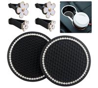 Set di 2 sottobicchieri per auto con 4 clip per aromaterapia, universali per auto, colore nero, con brillantini, sottobicchieri antiscivolo in silicone