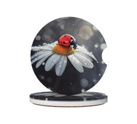 Set di 2 sottobicchieri per auto con stampa a forma di coccinella su fiore - Tappetini in ceramica per bicchieri - Sottobicchieri con inserto portaoggetti, accessori per interni auto per uomo e donna
