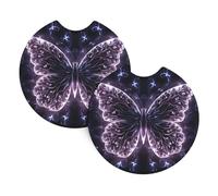 Set di 2 sottobicchieri per auto, universali, antiscivolo, per donne e uomini, con farfalla viola incandescente, con una tacca per le dita, per la maggior parte degli interni dell'auto
