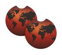 Set di 2 sottobicchieri per auto, universali, antiscivolo, per donne e uomini, con mappa del mondo rossa e marrone, con una tacca per le dita, per la maggior parte degli interni dell'auto