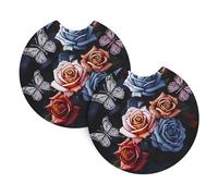 Set di 2 sottobicchieri universali per auto, antiscivolo, per donne e uomini, con rose e farfalle, con una tacca per le dita, per la maggior parte degli interni dell'auto