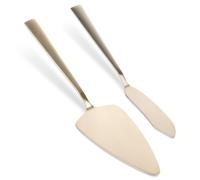 Set di 2 spatole e coltelli da torta in acciaio dorato.