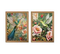Set di 2 stampe artistiche da parete colorate con cornice in 3D, dipinti estetici con colibrì, immagini botaniche vintage, stampe su tela con fiori naturali per camera da letto, soggiorno, corridoio