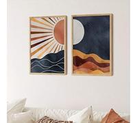 Set di 2 stampe artistiche da parete raffiguranti sole e luna, poster su tela con tramonto in stile moderno di metà secolo, decorazioni da parete, opere d'arte da galleria (40x60 cm x 2/senza cornice)