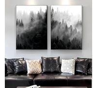 Set di 2 stampe su tela in bianco e nero, "Misty Forest", raffiguranti un paesaggio boschivo da sogno. Poster monocromatici per soggiorno, camera da letto, corridoio, senza cornice. (21 x 30 cm)