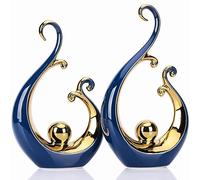Set di 2 statue astratte in ceramica, stile Art Déco, decorazione per la casa blu e oro, decorazione per ufficio e mensola, mensola da pavimento e tavolino da caffè