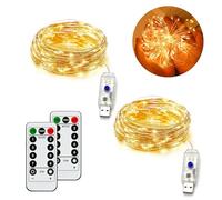 Set Di 2 Stringhe Di Luci A LED Da 100, 10m, 8 Modalità, Alimentazione USB, Impermeabili Per Uso Interno Ed Esterno, in Rame Con Timer Remoto Per Camera Da Letto, Feste, Matrimoni E Natale (Luce Bianc