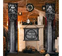 Set di 2 striscioni gotici per Halloween, motivo: teschio e portico spettrale con scritta "Welcome Foolish Mortals"
