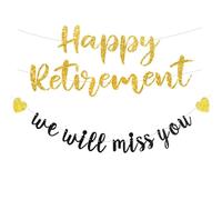 Set di 2 striscioni per pensionamento nero e oro, striscione per pensionamento felice e banner We Will Miss You, decorazioni per feste pre-infilate per uomini, donne, colleghi, feste di addio e addio