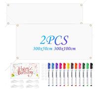 Set di 2 striscioni vuote personalizzate, 300 x 50 cm + 300 x 100 cm con 2 corde sospese da 6 m, 12 matite in tessuto in diversi colori e 2 set di adesivi, banner pubblicitari fai da te per dipingere