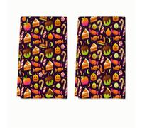 Set di 2 strofinacci da cucina a forma di zucche, con bastoncini di zucchero festivi e giocosi e frutti di Halloween viola, panni riutilizzabili per cucinare, lavare i piatti, regalo per uso