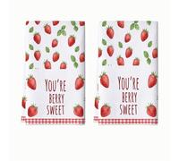 Set di 2 strofinacci da cucina con fragole, fantasioso e giocoso con testo a foglia, in microfibra rossa, ad asciugatura rapida, per uso quotidiano, 40,6 x 61 cm