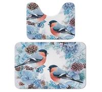 Set di 2 tappeti da bagno a forma di pigna natalizia, con uccellini e neve, assorbente, tappetino da bagno e tappetino antiscivolo con piedistallo