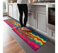 Set di 2 tappeti da cucina 3D antiscivolo lavabili con renna che tira la slitta di Babbo Natale che lascia il sentiero arcobaleno magico design natalizio, tappetini da cucina in gomma 40 x 60 cm e 40