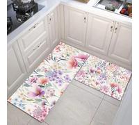 Set di 2 Tappeti da Cucina, 43x75cm+43x120cm Tappetini da Cucina Giardino Primaverile Tappeto Fiore Ibisco Viola A Pompon Antiscivolo e Assorbenti d'Acqua per Ingresso e Domestica Ufficio, Viola Fumé