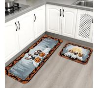 Set di 2 tappeti da cucina a forma di cucciolo, fantasiosi gattini e zucche, arancioni, lavabili, morbidi, lavabili, per lavanderia, ingresso e corridoio