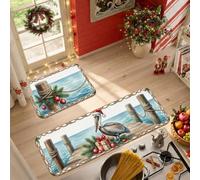 Set di 2 tappeti da cucina a tema costiero con uccelli costieri | Tappeto per lavello da cucina, tema vacanze costiere, scena nautica, scatole regalo festive, accenti stagionali in pino