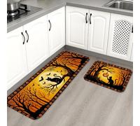 Set di 2 tappeti da cucina a tema gatto, per Halloween, con albero di scopa e strega, per Halloween, colore arancione, comodi, lavabo, lavanderia, ingresso e corridoio