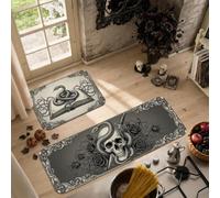 Set di 2 tappeti da cucina a tema Halloween con teschio e serpente gotico | Tappeto vintage gotico per cucina, serpente, reale, rosa, decorazione per la casa, set di tappetini da cucina