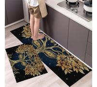Set di 2 Tappeti da Cucina Albero Magico Dalle Foglie Dorate, Tappetini da Cucina Lavabili, Runner Antiscivolo Illustrazione Di Albero Antico Tappetino per Ingresso, Marrone, 50x80cm+50x150cm