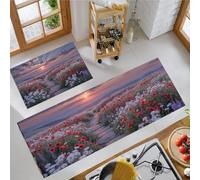Set Di 2 Tappeti Da Cucina Antifatica, Paesaggio Naturaletappetini Da Cucina Per La Decorazione Della Casa E L'Ufficio, Tappetini Da Cucinas Comodi (Tramonto Campi Papaveri Rossi,50×80Cm+50×120Cm)