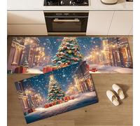Set di 2 Tappeti da Cucina Antifatica, Tappetini da Cucina Alberi Di Natale Sulle Strade Della Città Tappeto passatoia Lavabile Vigilia Di Natale per Corridoio, Sala da Pranzo 43x75cm+43x120cm, Blu
