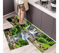 Set di 2 Tappeti da Cucina Antifatica, Tappetini da Cucina Vegetazione Forestale Antiscivolo Tappeto Scogliere Rocciose Facile da Pulire per Ingresso, Corridoio ( Verde Smeraldo, 43x75cm+43x120cm)