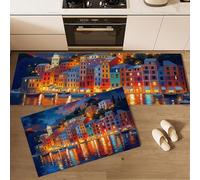 Set di 2 Tappeti da Cucina Antiscivolo Edifici Villaggio Pescatori Tappetini da Cucina Città Costiera Lavabile Tappetino di Protezione per Corridoio, Lavello, Scrivania in Piedi, 40x60cm+40x120cm