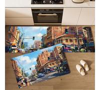 Set di 2 Tappeti da Cucina Antiscivolo Lavabile 43x75cm+43x120cm Tappetini da Cucina Edifici Si Affacciano Sul Strada Runner Tappeto Scena Strada Sud-Est Asiatico per Davanti al Lavandino, Corridoio