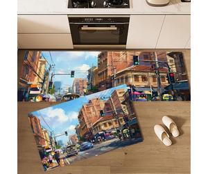 Set di 2 Tappeti da Cucina Antiscivolo Lavabile 43x75cm+43x120cm Tappetini da Cucina Edifici Si Affacciano Sul Strada Runner Tappeto Scena Strada Sud-Est Asiatico per Davanti al Lavandino, Corridoio