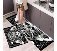 Set di 2 tappeti da cucina antiscivolo, Misticismo Falena teschio, zerbino per cucina, tappeti per soggiorno camera da letto corridoio (45x75+45x150cm, In bianco e nero)
