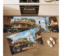 Set di 2 Tappeti da Cucina Antiscivolo Vecchie Strade Thailandia Tappetini da Cucina Scene Strada Città Sud-Est Asiatico Lavabile Tappetino di Protezione per Lavello, Scrivania, 50x80cm+50x150cm