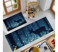 Set di 2 Tappeti da Cucina Cervo Lucciola Tappetini da Cucina Vista Notturna Foresta Luminosa Runner Antiscivolo Tappetino Passatoia Lavabili per Corridoio, Sala da Pranzo e Ingresso, 43x75cm+43x120cm
