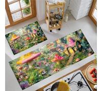 Set Di 2 Tappeti Da Cucina Comodi, Casa Dei Funghi Fantasy Paesaggio Forestale, Tappetini Da Cucina Morbidi Lavabili Antiscivolo Antifatica Per Soggiorno L'Ufficio, Verde Scuro, 44X75+44X120Cm