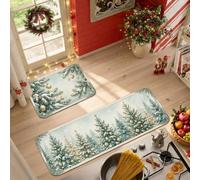 Set di 2 tappeti da cucina con alberi di pino e bosco | Tappeti da cucina per pavimento, decorazioni dorate, tema bosco invernale, accenti stagionali, consistenza morbida