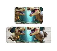 Set di 2 tappeti da cucina con dinosauro gigante che si è rotto attraverso il muro, in legno, antiscivolo, anti affaticamento, tappetini lunghi per casa e ufficio