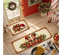 Set di 2 tappeti da cucina con fatine e campane, decorazione stagionale con | Elfi, tappeti per pavimento della cucina, campane Jingle, rami di pino, nastri rossi, decorazioni stagionali per la casa