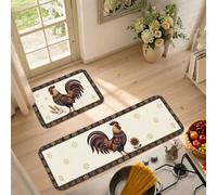 Set di 2 tappeti da cucina con gallo | Tema della fattoria, tappeti runner da cucina, accenti floreali, bordo decorativo, decorazione del pavimento della cucina