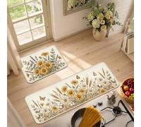 Set di 2 tappeti da cucina con girasole e crisantemo ad acquerello | Stampe floreali botaniche, tappetini da cucina per pavimento, decorazione della cucina della fattoria