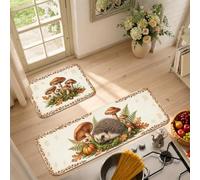 Set di 2 tappeti da cucina con riccio e bosco autunnale | Tema bosco, tappeti runner da cucina, motivi a fungo, accenti di zucche stagionali, decorazione per la cucina della fattoria