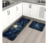 Set di 2 tappeti da cucina con scheletro, fantasiosi motivi stagionali luna, stelle, Halloween, blu navy, lavabili, comodi, per cucina, lavanderia, ingresso e bagno
