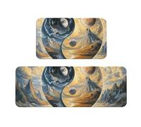 Set di 2 tappeti da cucina con simboli Yin-Yang con nuvole, montagne e fiumi, in legno, antiscivolo, anti-affaticamento, tappetini lunghi per casa e ufficio
