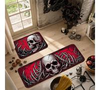 Set di 2 tappeti da cucina con teschio gotico e scheletro, per Halloween | Motivi gotici del teschio, tappeti per pavimento della cucina, dettagli della trama incrinata, disegno della mano scheletrica