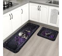 Set di 2 tappeti da cucina con teschio, stile gotico, elegante, con uva, Halloween, nero, confortevole, lavabile, per cucina, lavanderia, bagno, vanità