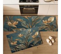 Set Di 2 Tappeti Da Cucina Foglie Tropicali Tappetini Da Cucina Dorati Dell'Uccello Del Paradiso Per La Decorazione Della Casa E L'Ufficio Antiscivolo Tappeto Comodi (Blu-Verde, 43x75cm+43x150cm)