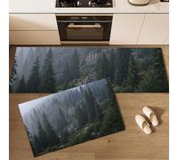 Set di 2 tappeti da cucina Foresta Misteriosa, tappetini Foresta Densa Nebbia per la decorazione della casa e l'ufficio, antiscivolo, tappetini da cucina Grigio-Verde, 50x80cm+50x150cm